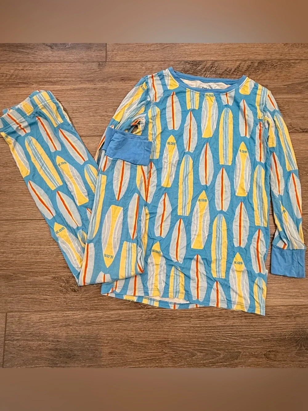SoHa Keiki Kids Bamboo Aloha Surfboard Print Pajama Set - Blue & Yellow